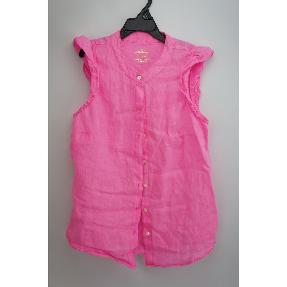 Lilly Pulitzer Briette Button Front Top XXS Pink Linen Ruffle Sleeve Excellent